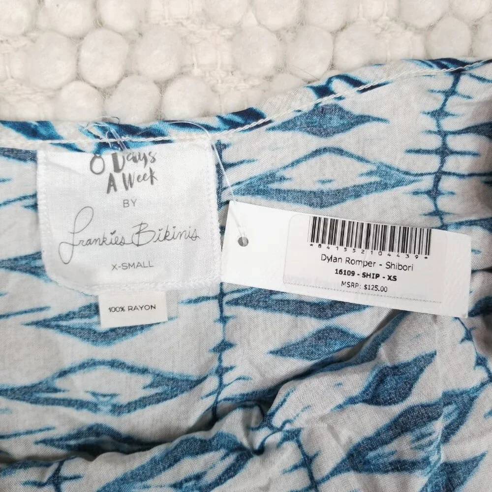 NWT Frankies Bikinis 8 Days a Week Dylan Romper Shibori Blue Sz Extra Small